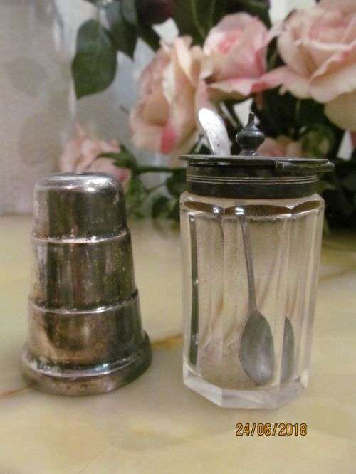 MARV !! Vintage Lot of Silver Plated Graduated Salt Shaker & Lead Cut Crystal Mustard Pot