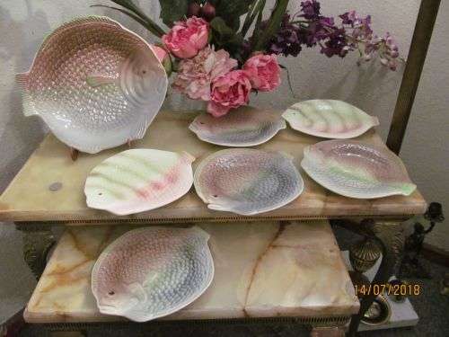 SHORTER & SON !! Rare Set of Six Ceramic Shorter & Sons Fish Design Plates & 1 Serving Platter