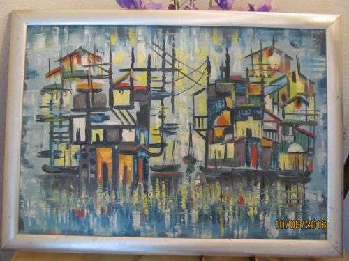CITY GLIMMER !! Vintage 60-70's Framed Oil on Board - Abstract City Art - Signed