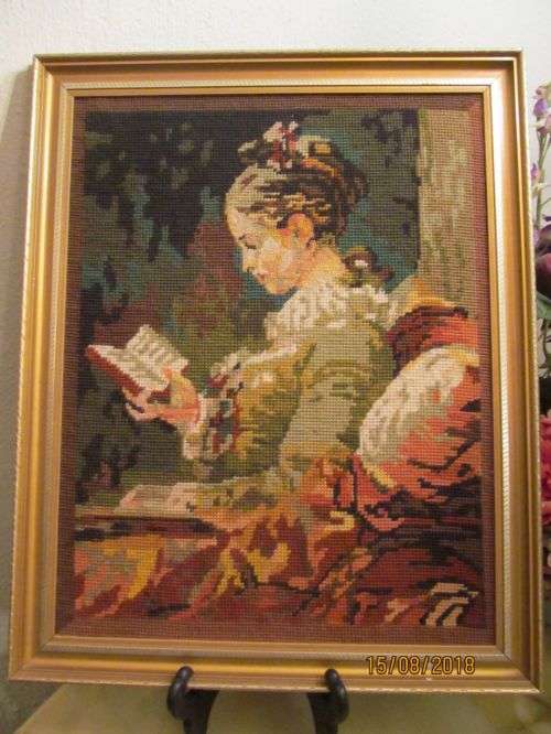 FRAGONARD !! Vintage Framed Needlepoint Tapestry/Embroidery of The Reading Girl by Fragonard