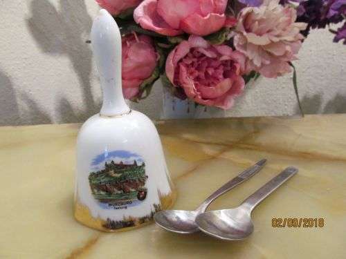 SERVICE !! Vintage Lot of Wurzburg Fine Porcelain Table Bell & Two Collectable Airline Teaspons