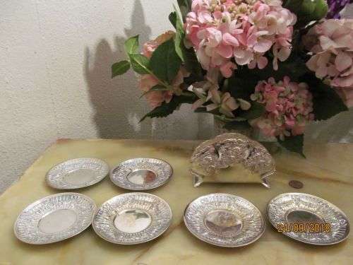 ROSE GARLANDS !! Vintage Lot of Silver Plated Serviette Stand & Six Identical Butter Pat/Nuts Dishes