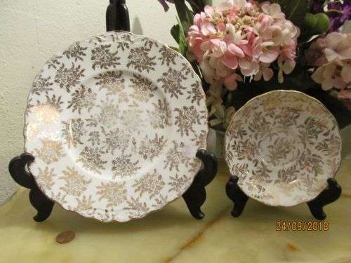 GOLDEN CHINTZ !! Vintage Lot of Royal Vale Cake Plate & Crown Regent Saucer - Gold on White