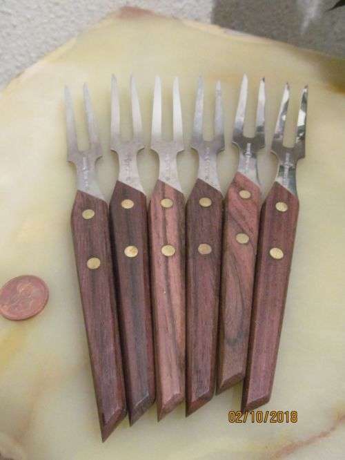 HIGH CARBON !! Vintage Set of Six High Carbon Stainless Barbecue/Meat Forks with Wood Handles
