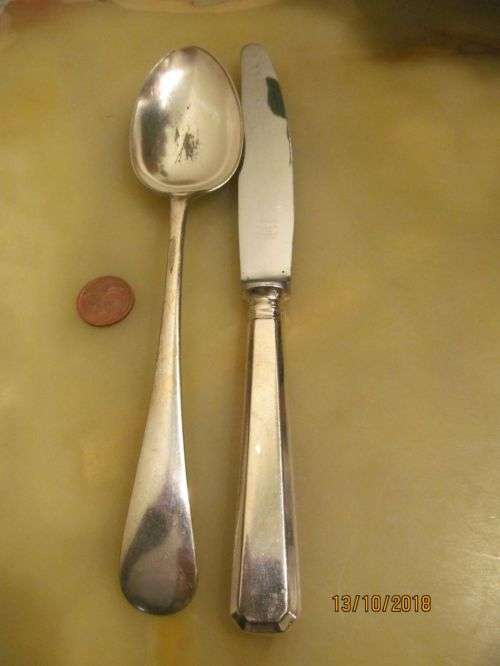 BRUFORD & LODGE !! Vintage Lot of Lodge Stainless Large Dinner Knife & Bruford SP Serving Spoon