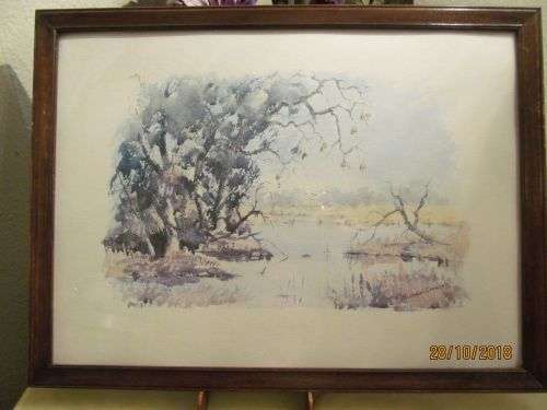 ACROSS THE WETLANDS !! Vintage Framed Watercolor - Landscape Art by SA Artist Michael Croeser