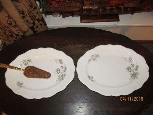 ROSES OF GREY !! Vintage Lot/Set of Huguenot Fine Porcelain Serving Platters - Grey Rose Pattern