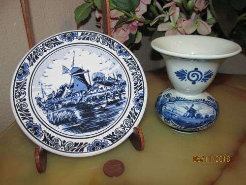 OUDE MOLEN !! Vintage Lot of Delftware Items - Oude Molen DIsh & Handpainted Delft Vase
