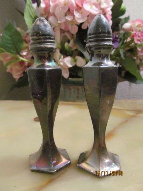 CANADIAN DECO !! Vintage Pair of Silver Plated Lead Salt n Pepper Shaker