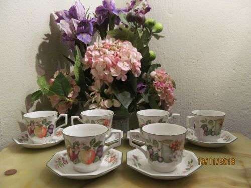JOHNSON BROTHERS !! Vintage Set / Lot of Six Complete Johnson Bros Fresh Fruit Tea Duos