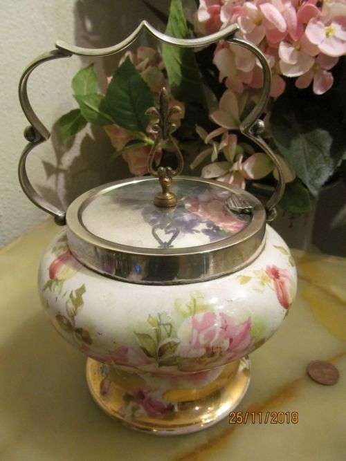 RARE VICTORIAN !! Antique 1898-1900 Fine Porcelain Biscuit Barrel / Cookie Jar with Mechanical Lid