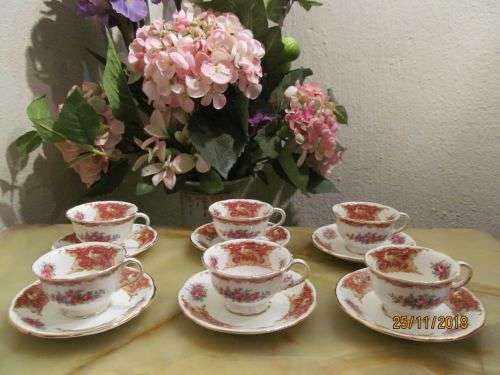 MONTROSE !! Vintage 1948-1963 Set of 6 Complete Foley Bone China Montrose Pattern Demitasse Duos