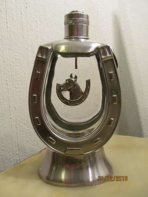 GOOD LUCK CHARM !! Vintage Glass Horseshoe Whiskey Decanter in Metal Casing