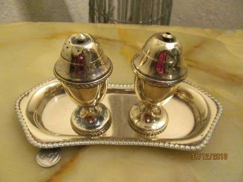 GEORGIAN CRUET !! Antique Silver Plated Salt and Pepper Shakers with Tray