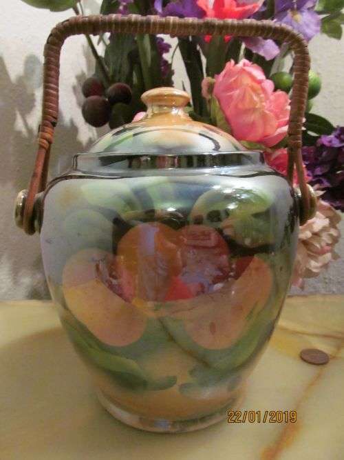 LUSTER PEACH !! Rare Vintage Fine Porcelian Lusterware Biscuit Barrel with Wicker Swing Handle