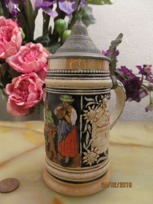 MARZI & REMY !! Rare Vintage 1940's German Ceramic Marzi & Remy Beer Tankard with Pewter Lid