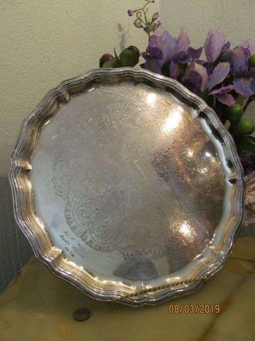 CHIPPENDALE !! Vintage Silver Plated Baroque Etched Drinks / Serving Tray - Chippendale Design