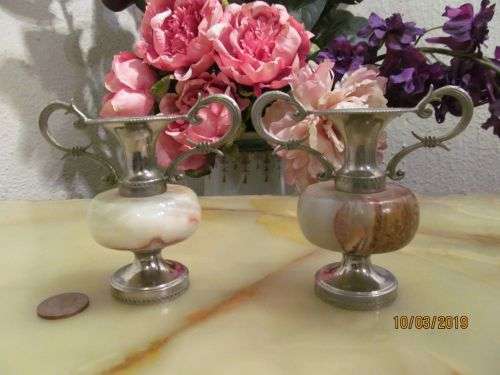 ITALIAN DEFINITION !! Vintage Lot/Pair of Two Ornamental Polished Onyx & Silver Plate Bud Vase/Urns