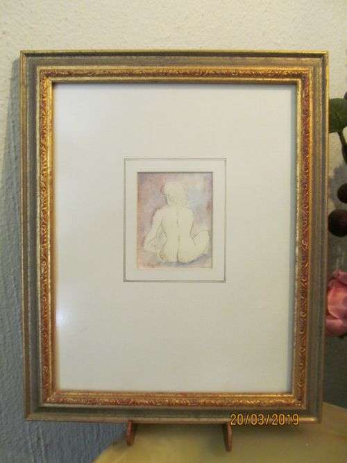 EILEEN J ROGOFF !! Vintage Framed Miniature Watercolor Painting - Nude Portrait - Signed