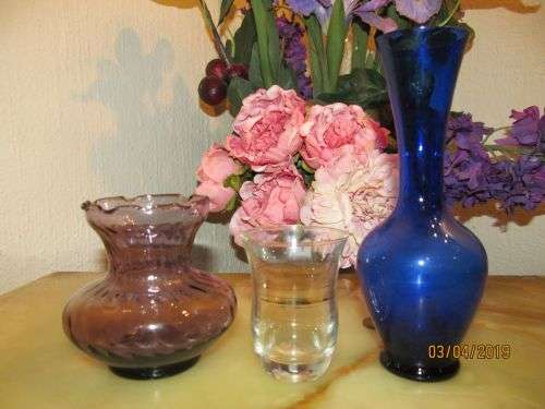 C-A-B !! Vintage Lot of 3 Glass Decorative Vases - Clear, Amethyst & Blue