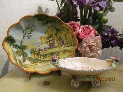 MAJOLICA IN TWO !! Rare Vintage Collectable Molaroni Pesaro Dish & Vermont Footed Sweets Bowl