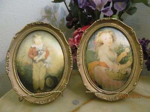 FRAMED SATIN !! Vintage Lot/Set of 2 Framed Padded Satin Portrait Prints - Renaissance