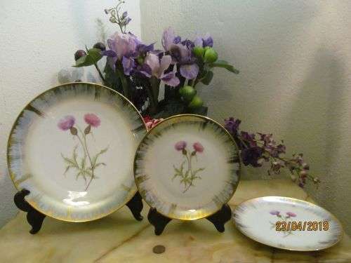 HALO'S OF GOLD !! Antiqe 1920's Lot/Set of RKW Bavaria Fine Porcelain Cake Plate & 2 Side Plates