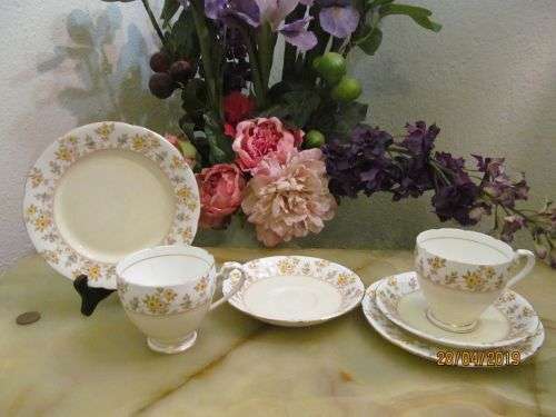 HALCYON !! Vintage 1935+ Lot/Set of Two Royal Grafton China Tea Trios - Halcyon Pattern