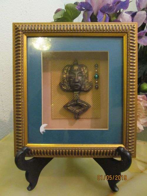 AFRICANA !! Decorative Vintage Shadow Box Frame Containing Tribal Pendant & Beads
