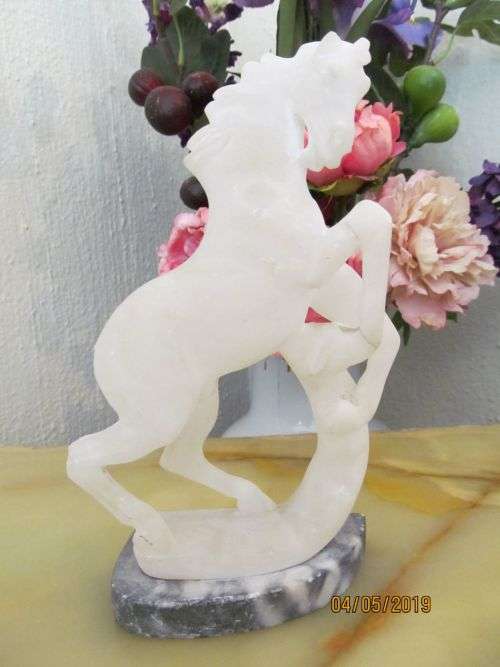 EQUINE !! Antique Sculpted Alabster Rearing Stallion Figurine on Unpolished Marble Plinth