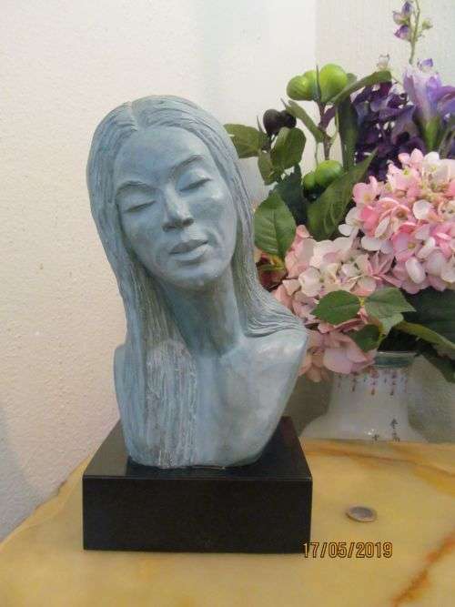 POLISHED TRANQUILITY !! Heavy Vintage Polished Stone Sculpture -Bust of Tranquil Young Woman -Signed