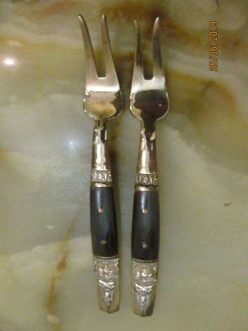 PURE BRONZE !! Vintage Lot/Set of Two Bronze and Bakelite Thai Pickle Forks - Buddha Flatware