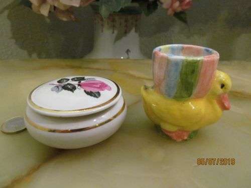 PORCELAIN CRAFT !! Vintage Lot of Fine Porcelain Lidded Trinket Box & Duck Figurine Toothpick Holder
