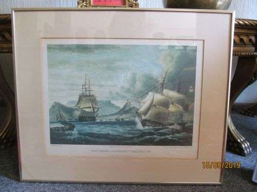 W.J HUGGINS !! Framed Vintage Limited Edition 30/600 Print-East Indiaman & Warship in Table Bay 1815
