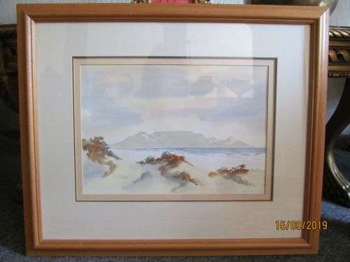 OVER THE BAY !! Framed Vintage Watercolor Painting - Table Bay Landscape Art - Signed