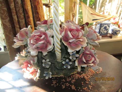 CAPODIMONTE!! Giant Flower Basket Centerpiece by Capodimonte Mid 20c