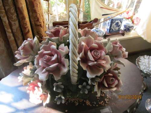 CAPODIMONTE!! Giant Flower Basket Centerpiece by Capodimonte Mid 20c