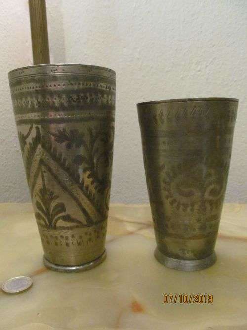 SP & PEWTER !! Antique Lot of Two Hand Etched Drinking Cups - Silver Plated Brass & Pewter
