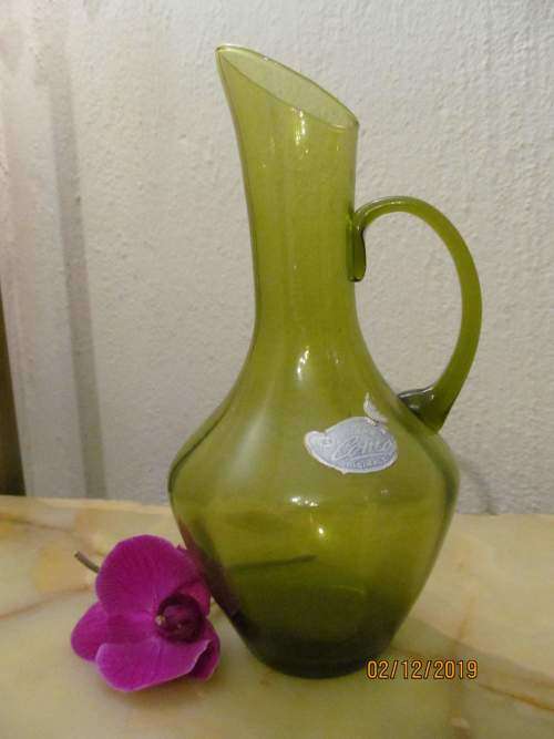 COMO !! Vintage Italian Originale Como Olive Green Glass Vase / Ewer