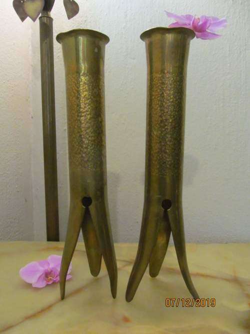 CHIC IN BRASS !! Vintage Lot/Pair of Two Hand Made Tall Solid Brass Vases