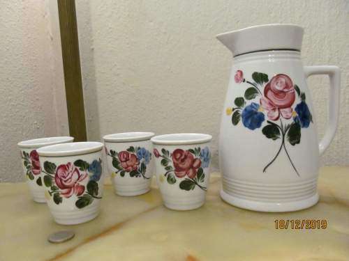 LILIEN !! Vintage 1970's Hand Painted Austrain Set of Pitcher/Carafe & 4 Cups - Josefine Gluh