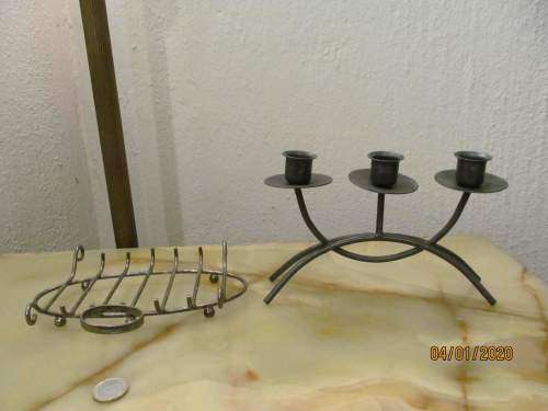 MIDNIGHT SPECIAL !! Vintage Lot of Art Deco Metal 3-Socket Candelabra & Silver Plated Trivet