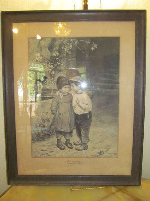 MARIE WUNSCH !! Framed Antique Steel Engraving - Secret - Austrian Artist Marie Wunsch
