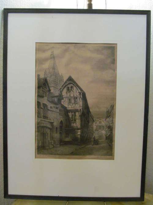 RUE-ST ROMAIN !! Framed Antique Pencil Signed & Titled Etching - Rue st Romain Rouen