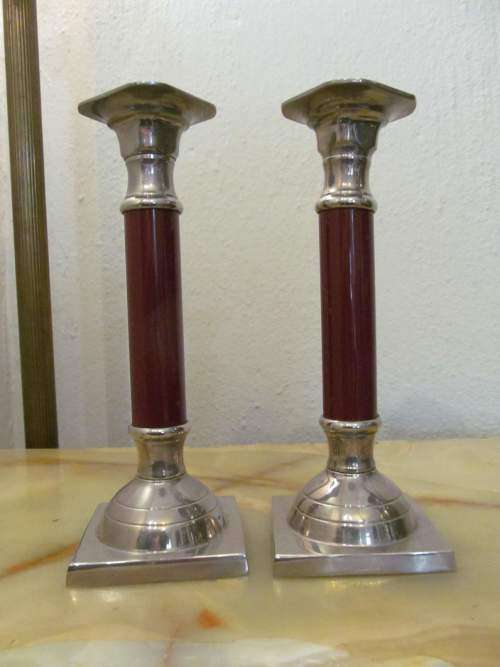 COLUMNS !! Vintage Lot / Set of Two Identical Silver Plate and Enameled Column Candlesticks