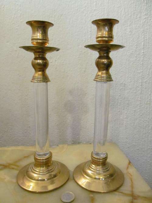 BRASS & LUCITE !! Vintage Lot / Set of 2 Identical Brass and Clear Lucite Candlesticks