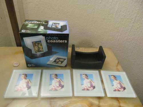 CHERISHED ACCENTS !! Contemporary Boxed Set of Four Glass Photo Coasters with Wood Stand