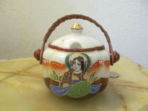 SATSUMA !! Vintage Very Fine Porcelain Satsuma Sugar Bowl with Rattan Swing Handle