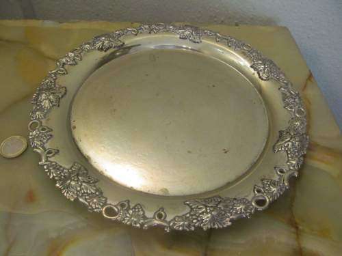 BIRMINGHAM !! Antique Silver Plated Circular Tray Pierced with Detailed Grape Embossed Rim