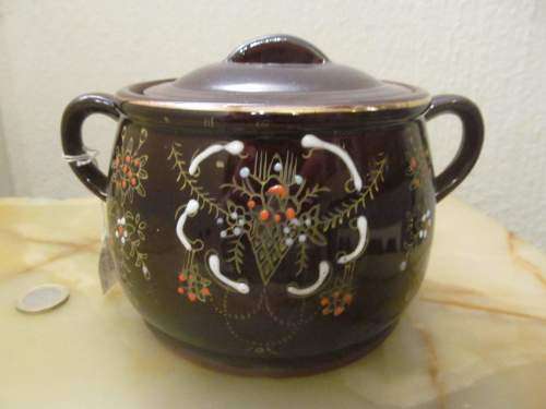 CERAMI-ART !! Vintage Hand Decorated Etch & Enamelled Art Pottery Large Sugar Bowl/Tea Caddy